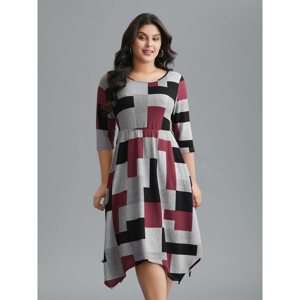 Plus Size Geometric Print Asymmetrical Hem Midi Dress Multicolor Women Casual Contrast Knit Dresses Bloomchic 10/M Product Image