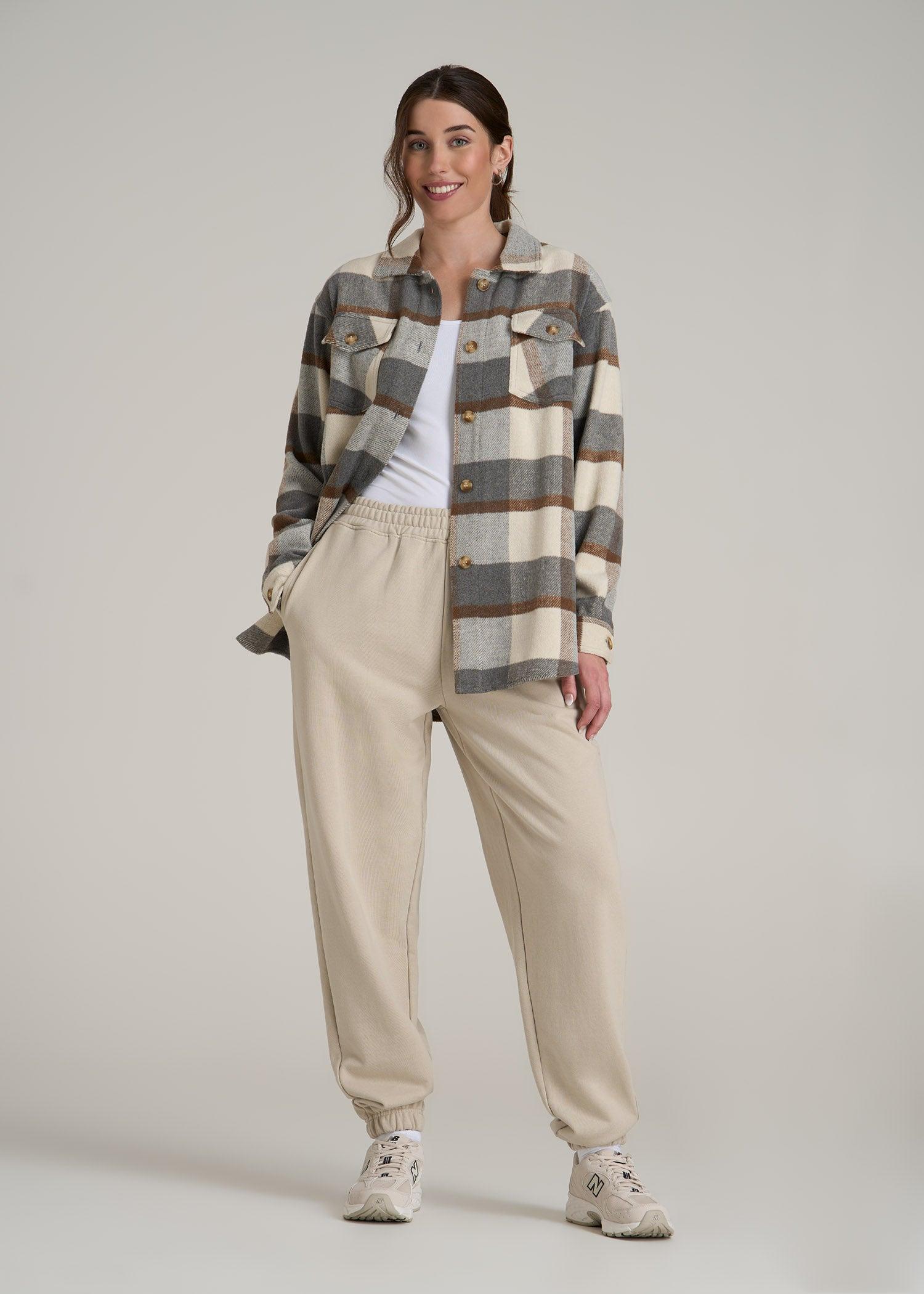 Flannel Shacket for Tall Women in Grey and Cream Plaid Female Product Image