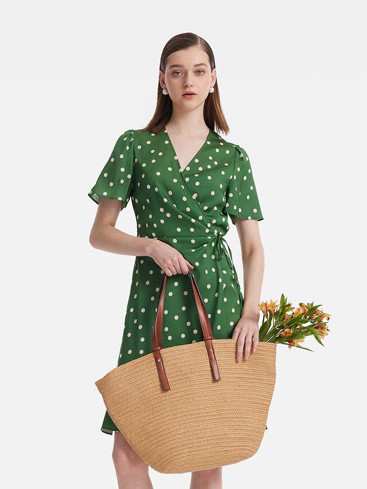 19 Momme Mulberry Silk Polka Dots Print Ruffle Women Mini Dress With S Product Image