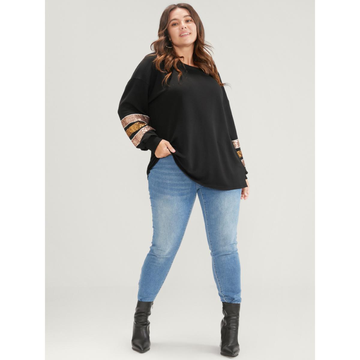 Plus Size Solid Contrast Patchwork Drop Shoulder Sweatshirt Women Black Casual Patchwork Round Neck Dailywear Sweatshirts BloomChic 10/M Product Image