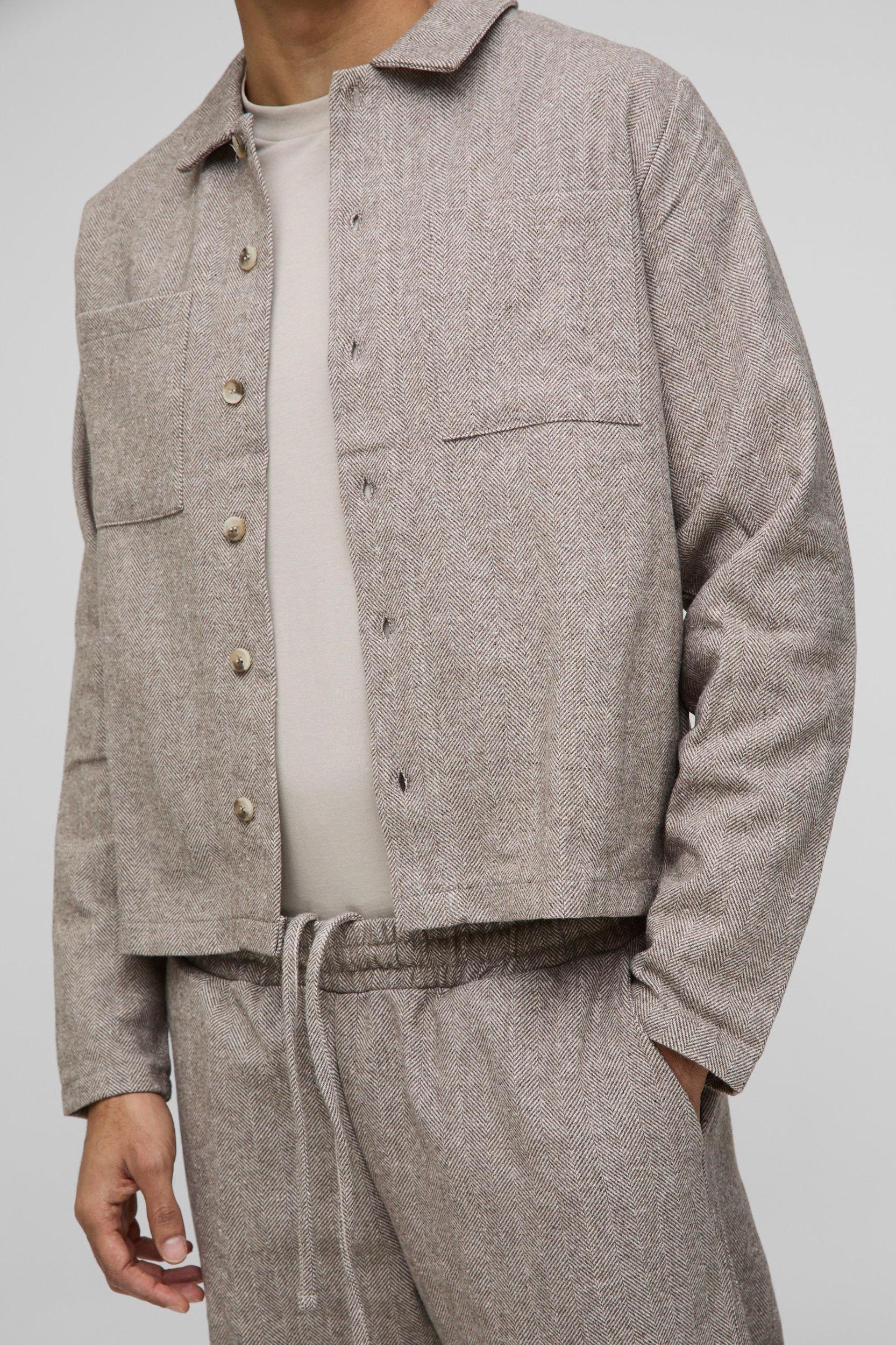 Oversized Boxy Fit Herringbone Cargo Pocket Harrington | boohooMAN USA Product Image