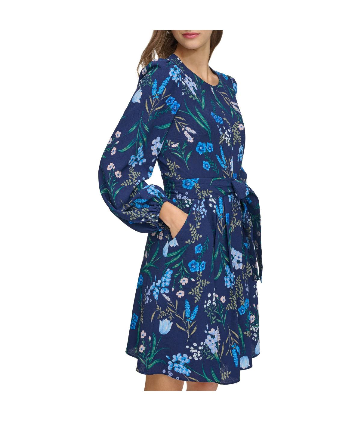 Jewel Neck Long Sleeve Fit & Flare With Trapunto Belt Navy Product Image