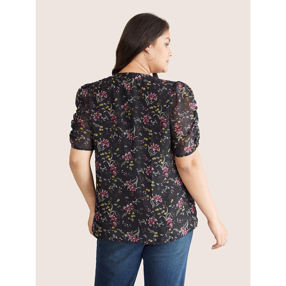 Plus Size BlackFlower Chiffon Ditsy Floral Puff Sleeve Gathered Blouse Women Elegant Short sleeve V-neck Everyday Blouses BloomChic 12/L Product Image