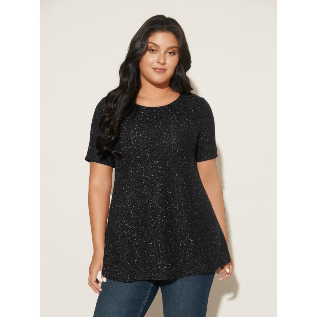 Plus Size Shimmering Gold & Silver Thread A-Line Tee Black Women Leisure Non Round Neck Loose Casual T-shirts BloomChic 12/L Product Image