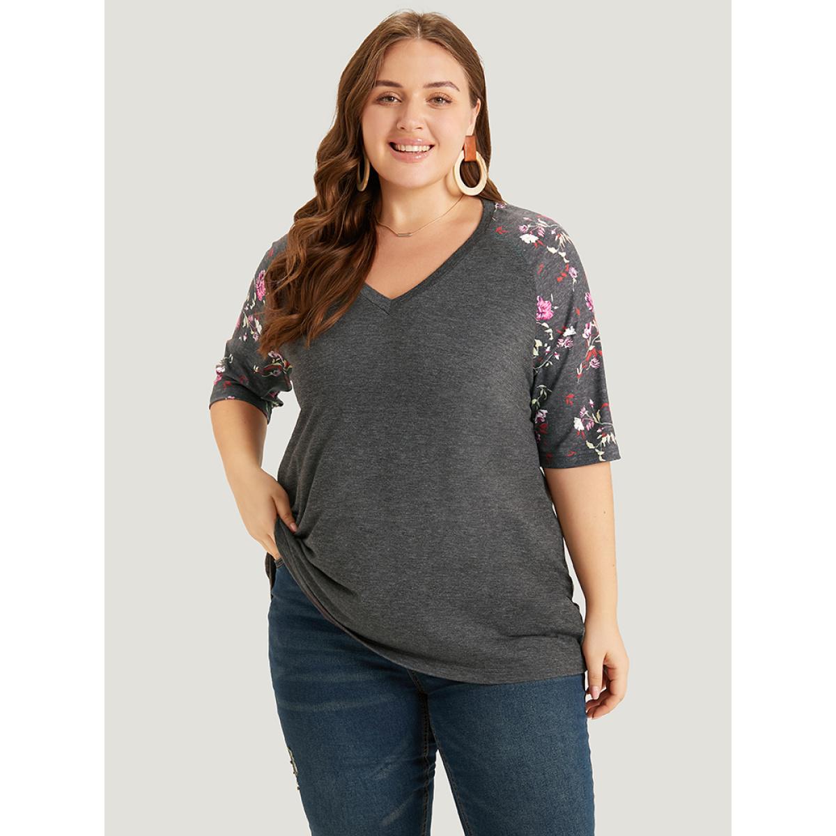 Plus Size Floral Patchwork Raglan Sleeve T-shirt Gray Women Elegant Patchwork Floral V-neck Work T-shirts BloomChic 28/5X Product Image