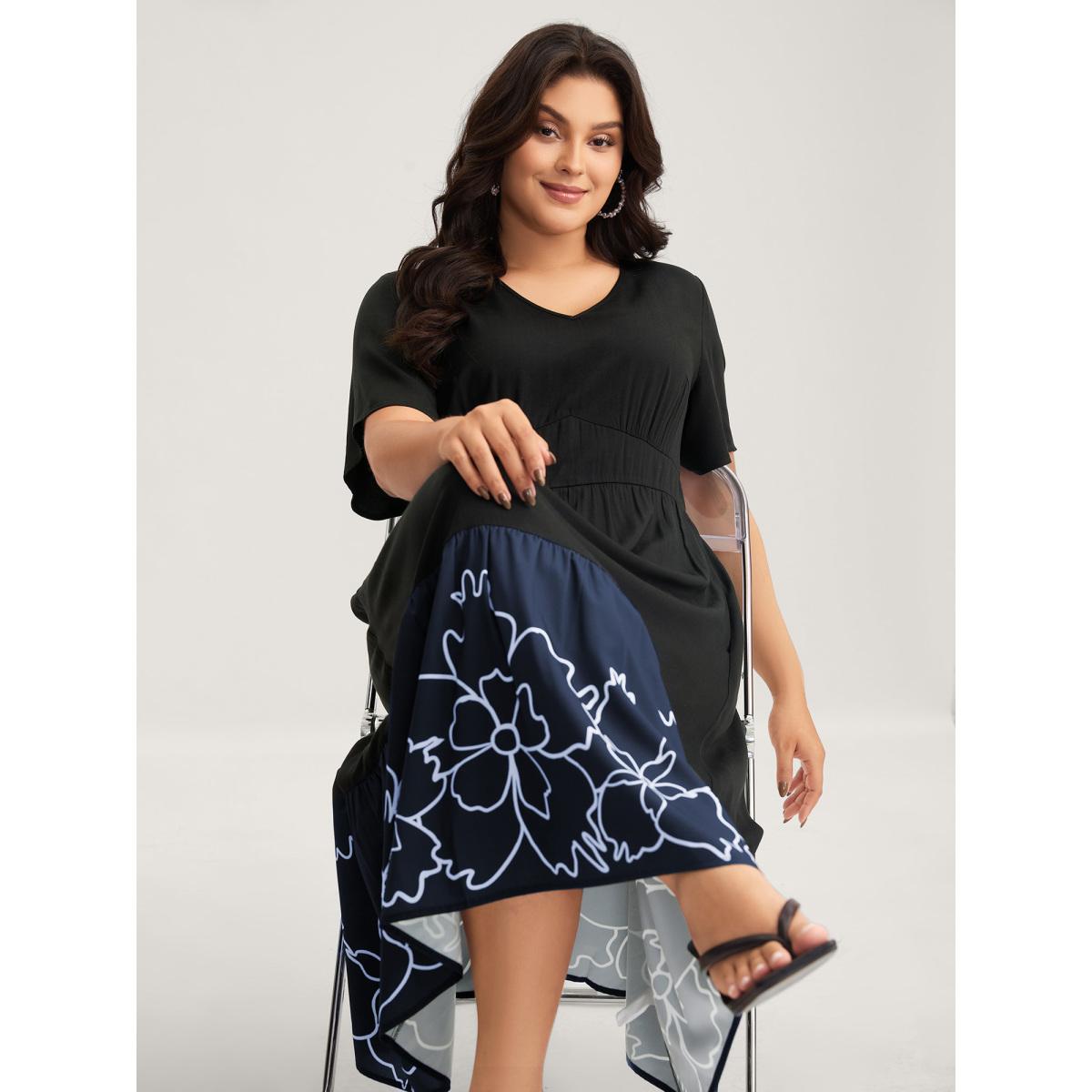 Plus Size Rayon Floral Hem Cinched-Waist Midi Dress Black Women V-neck Short sleeve Curvy BloomChic 12/L Product Image