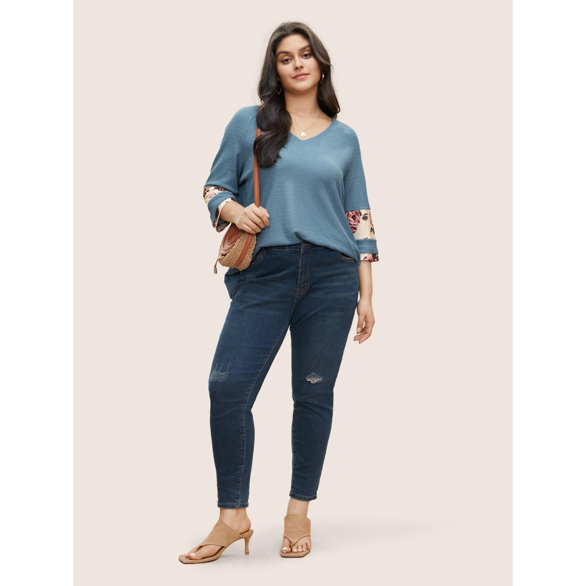 Plus Size Textured Patchwork Floral Raglan Sleeve T-shirt Stone Women Resort Texture Floral V-neck Vacation T-shirts BloomChic 14-16/1X Product Image