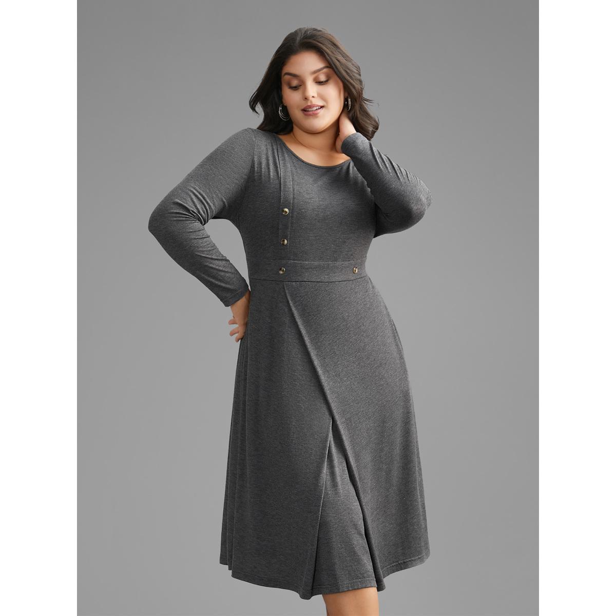 Plus Size Solid Button Detail Wrap Hem Knit Dress DarkGray Women Casual Overlapping Knit Dresses Bloomchic 14-16/1X Product Image