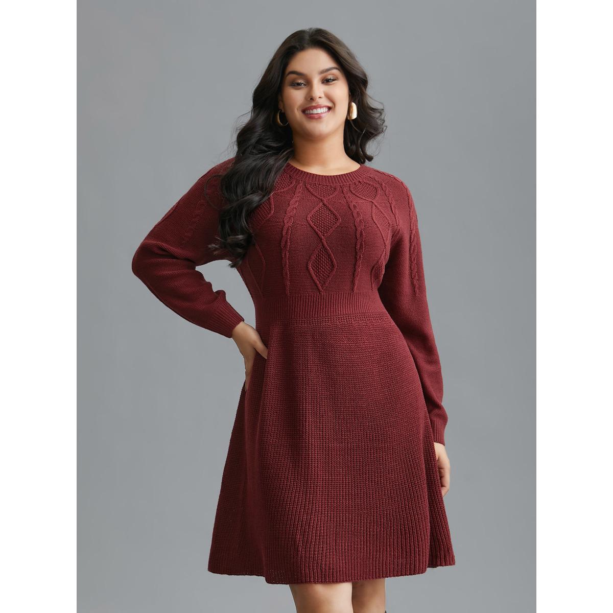 Plus Size Cable Knit Raglan Sleeve Midi Sweater Dress Burgundy Women Casual Bodycon Long Sleeve Everyday Sweater Dresses BloomChic 22-24/3X Product Image