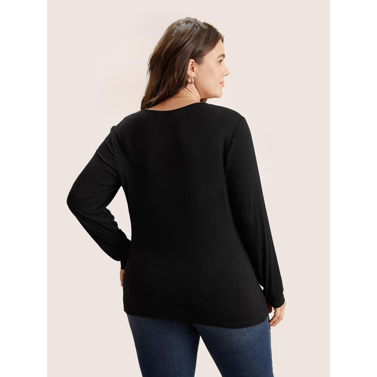 Plus Size Solid Asymmetrical Neck Knit T-shirt Black Women Elegant Non Plain Everyday T-shirts BloomChic 18-20/2X Product Image