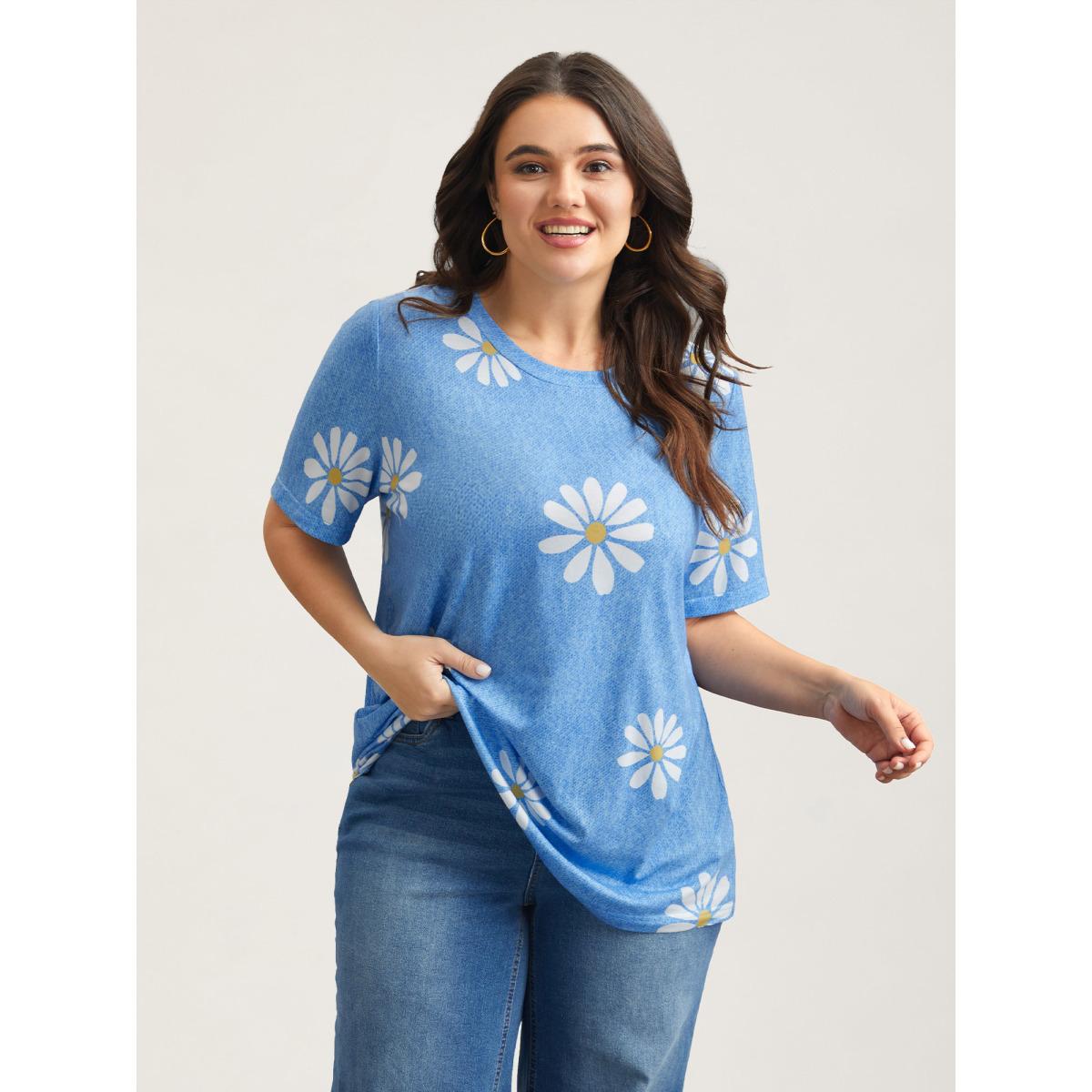 Plus Size Stretchy Floral Print Round Neck T-shirt LightBlue Women Playful Non Natural Flowers Round Neck Casual T-shirts BloomChic 10/M Product Image