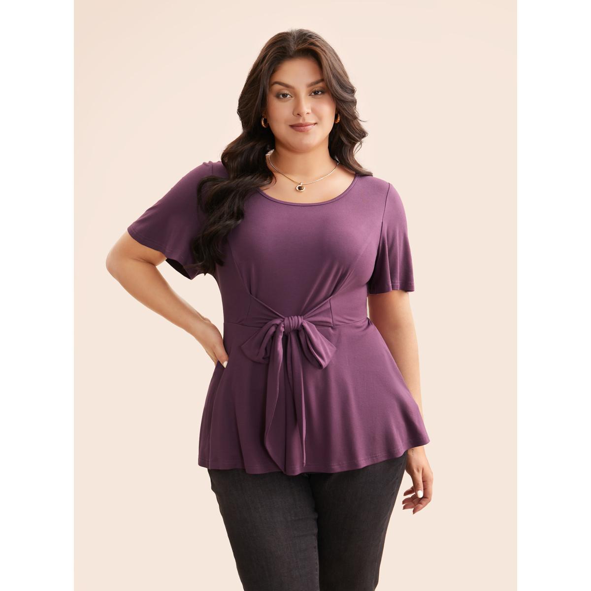 Plus Size Supersoft Essentials Flutter Sleeve Tie Knot T-shirt Mauve Women Elegant Tie knot Round Neck Bodycon Everyday T-shirts BloomChic 22-24/3X Product Image