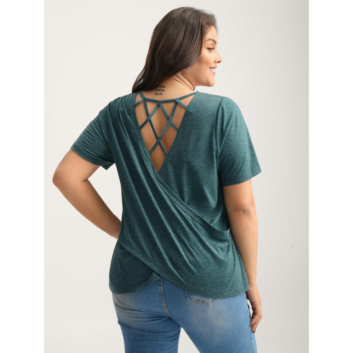 Plus Size Backless Crisscross Solid T-Shirt DarkGreen Women Leisure Overlapping Round Neck Casual T-shirts BloomChic 18-20/2X Product Image