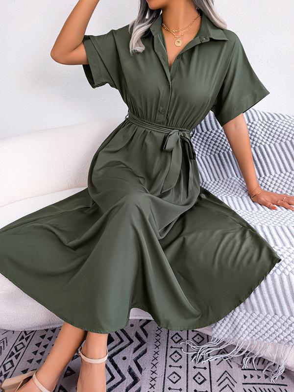 Loose Short Sleeves Solid Color Split-Joint Tied Waist Lapel Midi Dresses Shirt Dress Product Image