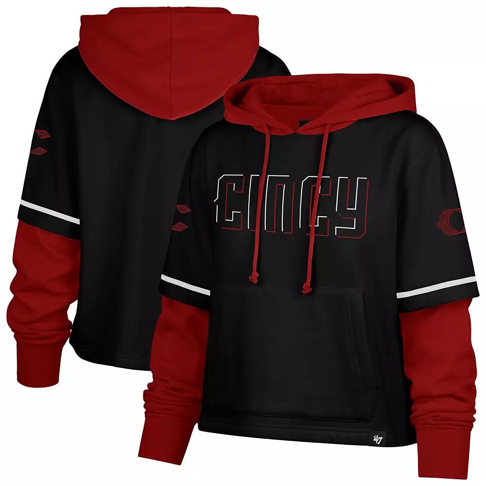 Women's '47  Black Cincinnati Reds City Connect Shortstop Cropped Pullover Hoodie, Size: XL, Red Black Product Image
