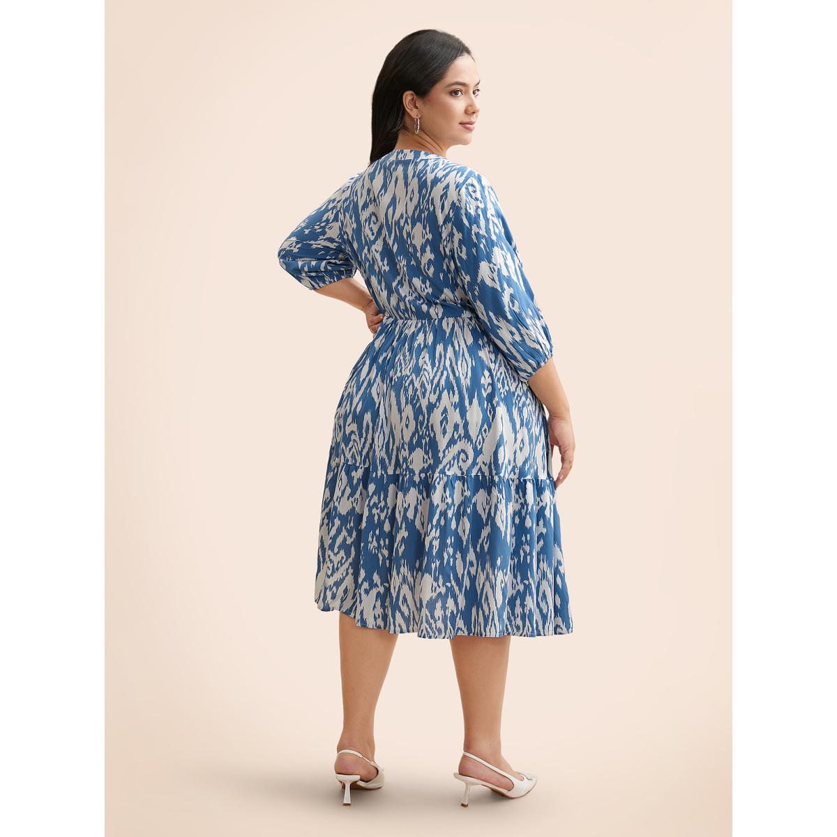 Plus Size Damask Print Tie Knot Puff Sleeve Dress Skyblue Women Resort Tie knot V-neck Elbow-length sleeve Curvy BloomChic 22-24/3X Product Image