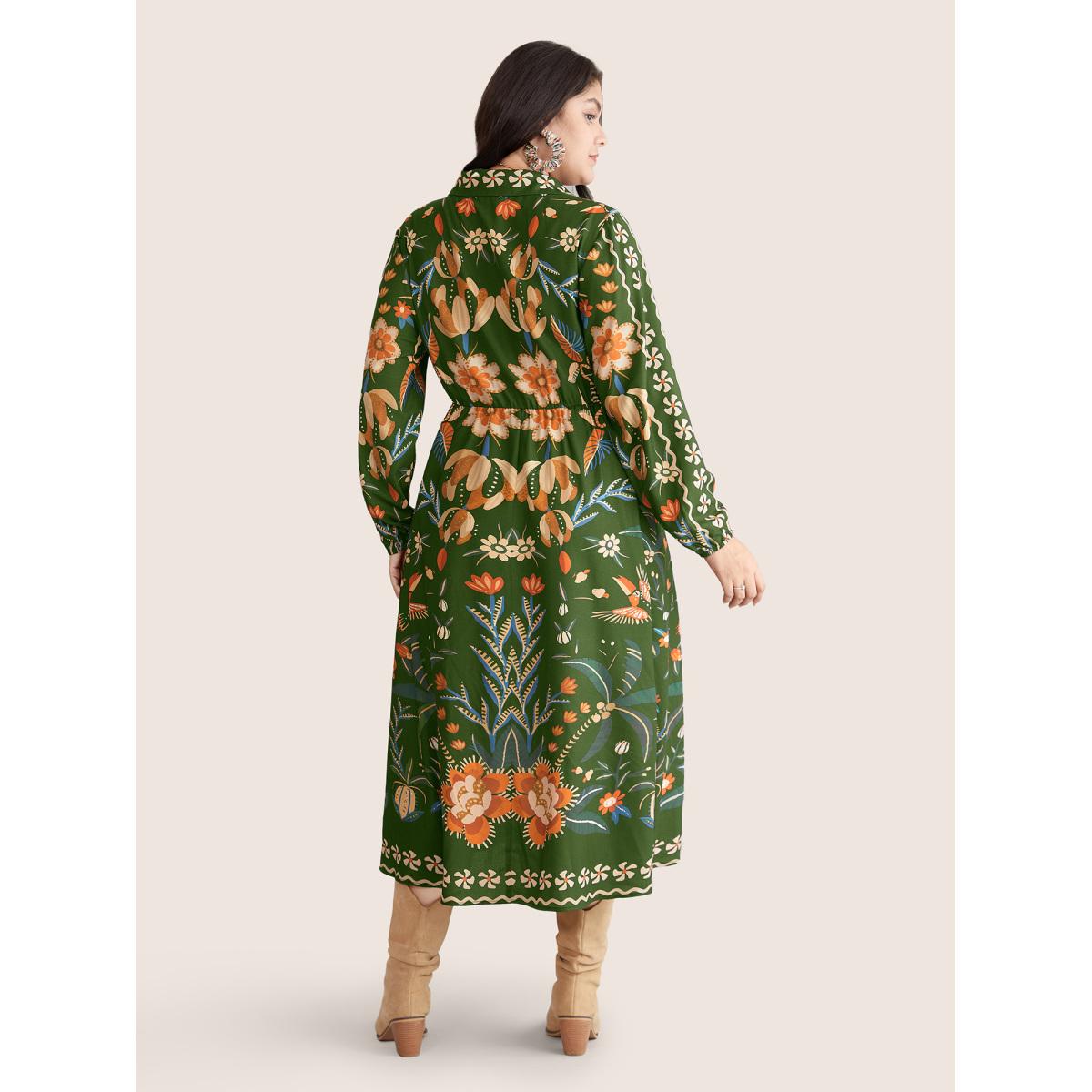 Plus Size Bandana Print Pocket Lapel Collar Elastic Cuffs Dress ArmyGreen Women Resort Non V-neck Long Sleeve Curvy Midi Dress BloomChic 12/L Product Image