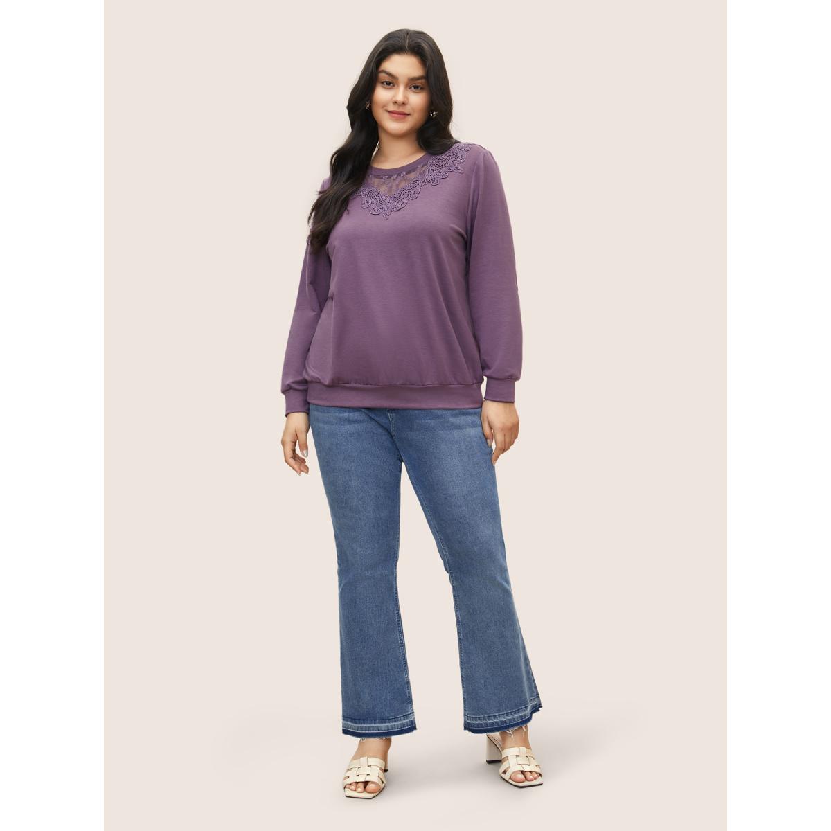 Plus Size Round Neck Lace Patchwork Sweatshirt Women Mauve Casual See through Round Neck Everyday Sweatshirts BloomChic 28/5X Product Image