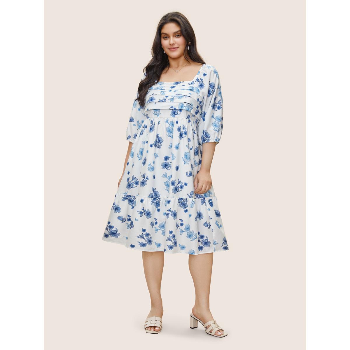 Plus Size Square Neck Floral Print Pleated Lantern Sleeve Dress White Women Elegant Non Square Neck Elbow-length sleeve Curvy Midi Dress BloomChic 12/L Product Image