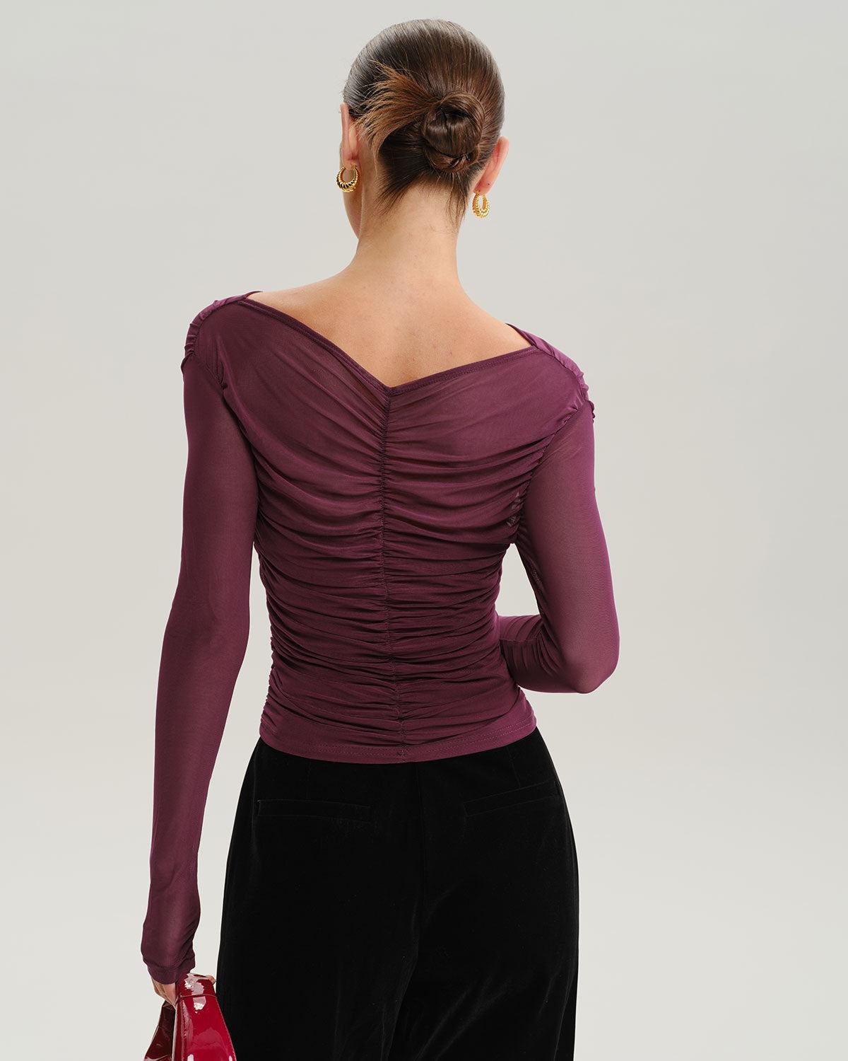 Wine Red V Neck Slim Mesh Tee Product Image