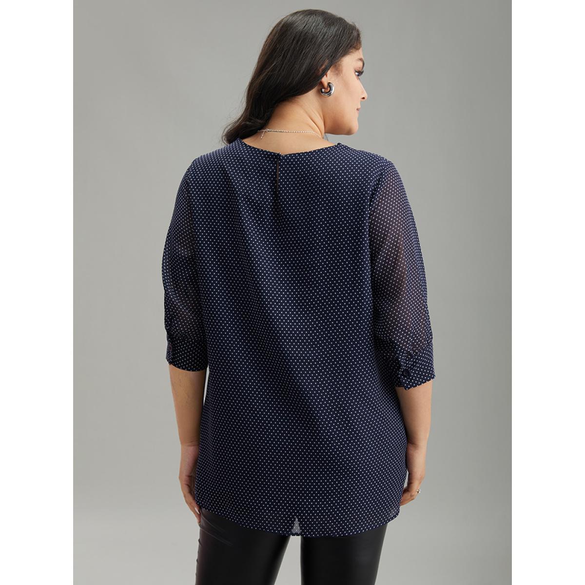 Plus Size Indigo Chiffon Polka Dot Mesh Keyhole Twist Front Blouse Women Office Elbow-length sleeve Round Neck Work Blouses BloomChic 14-16/1X Product Image