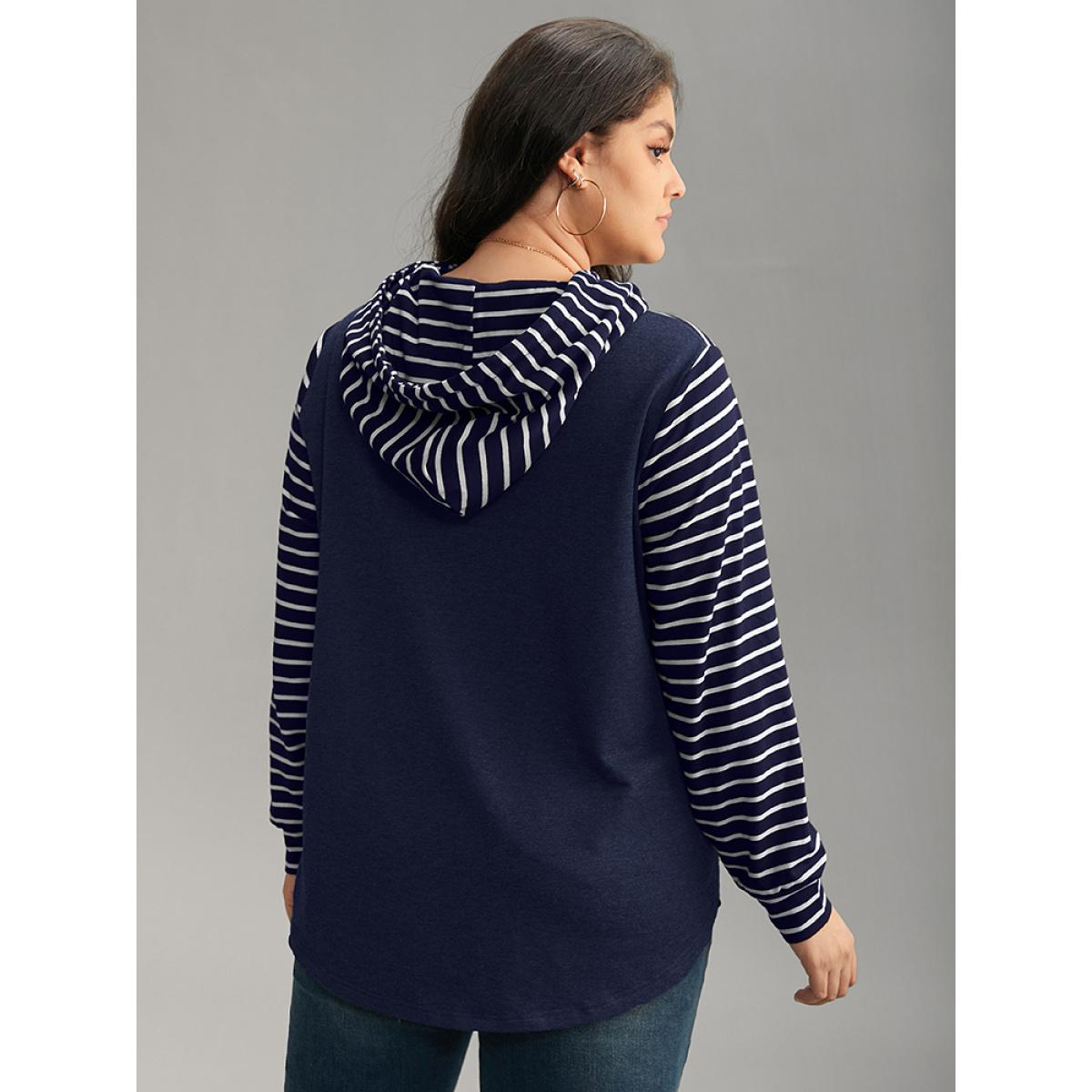 Plus Size Striped Patchwork Hooded Pocket Drawstring Sweatshirt Women Indigo Casual Contrast Hooded Everyday Sweatshirts BloomChic 10/M Product Image