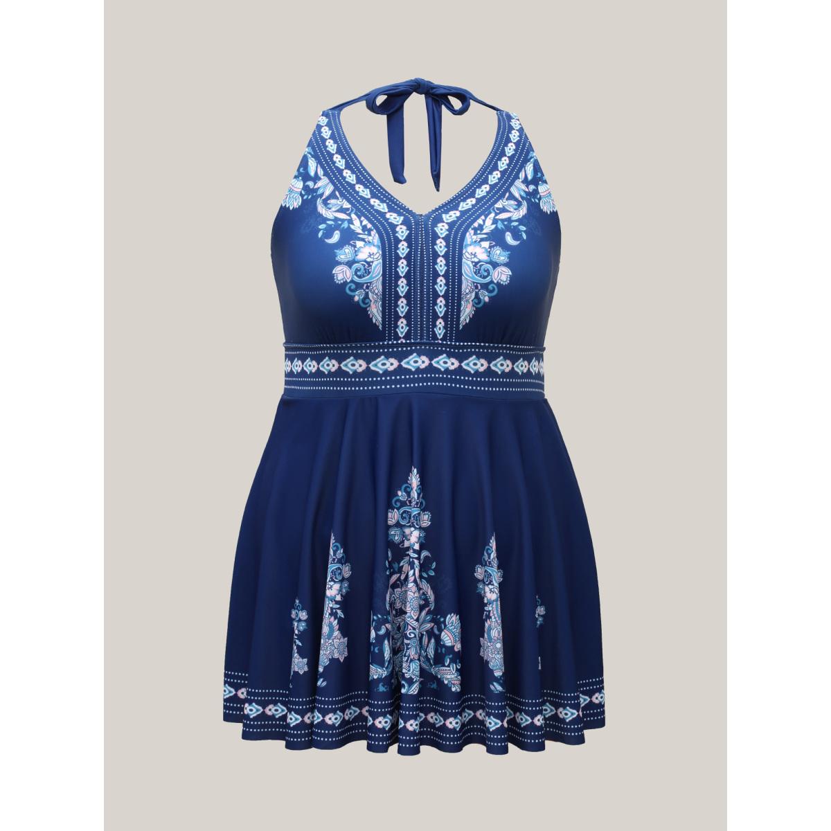 Plus Size Boho Print Halter Neck Swim Dress Women's Swimwear Mediumblue Beach Bodycon V-neck High stretch Curve Swim Dresses BloomChic 14-16/1X Product Image