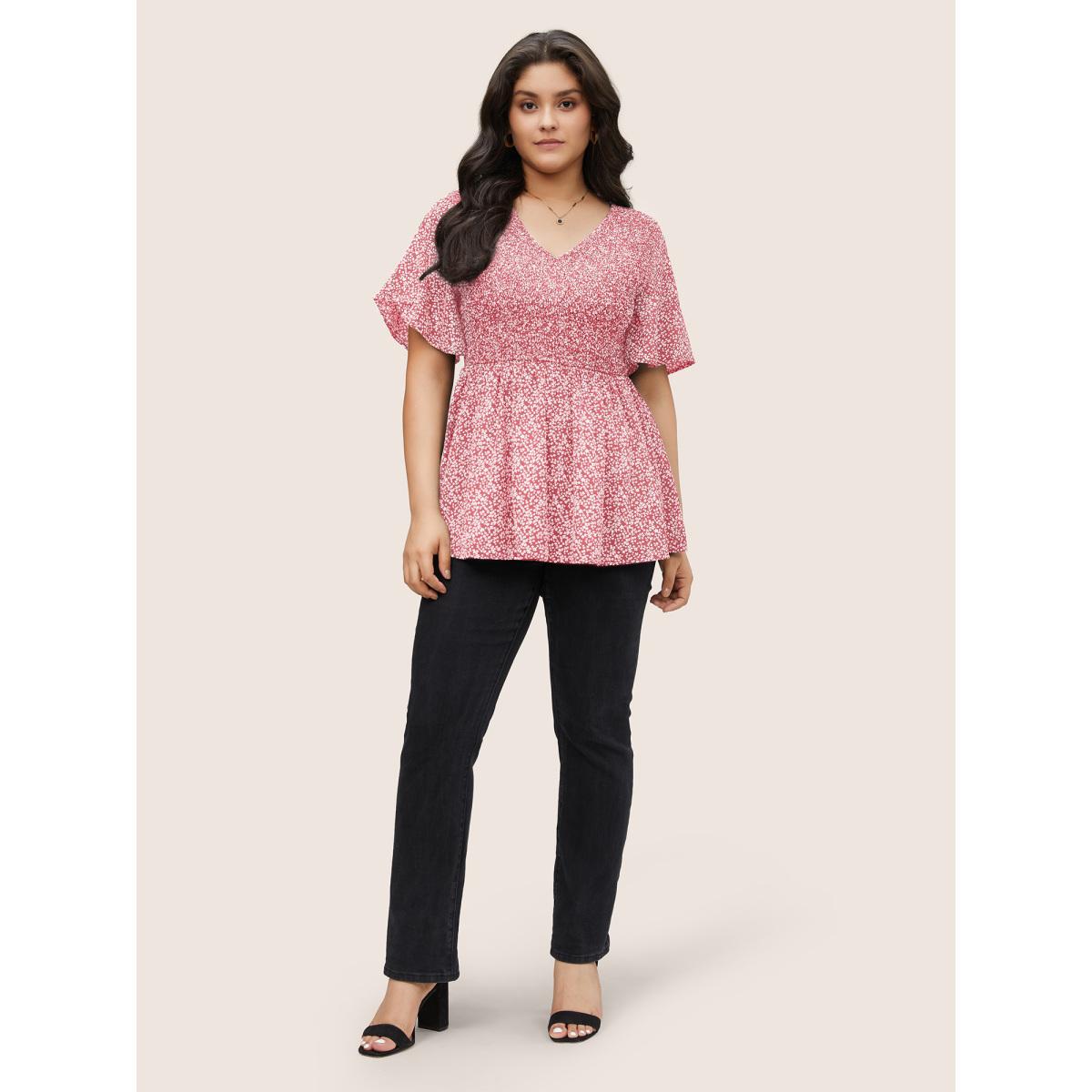 Plus Size Rouge Ditsy Floral Shirred Ruffle Sleeve Elastic Waist Blouse Women Elegant Short sleeve V-neck Everyday Blouses BloomChic 10/M Product Image