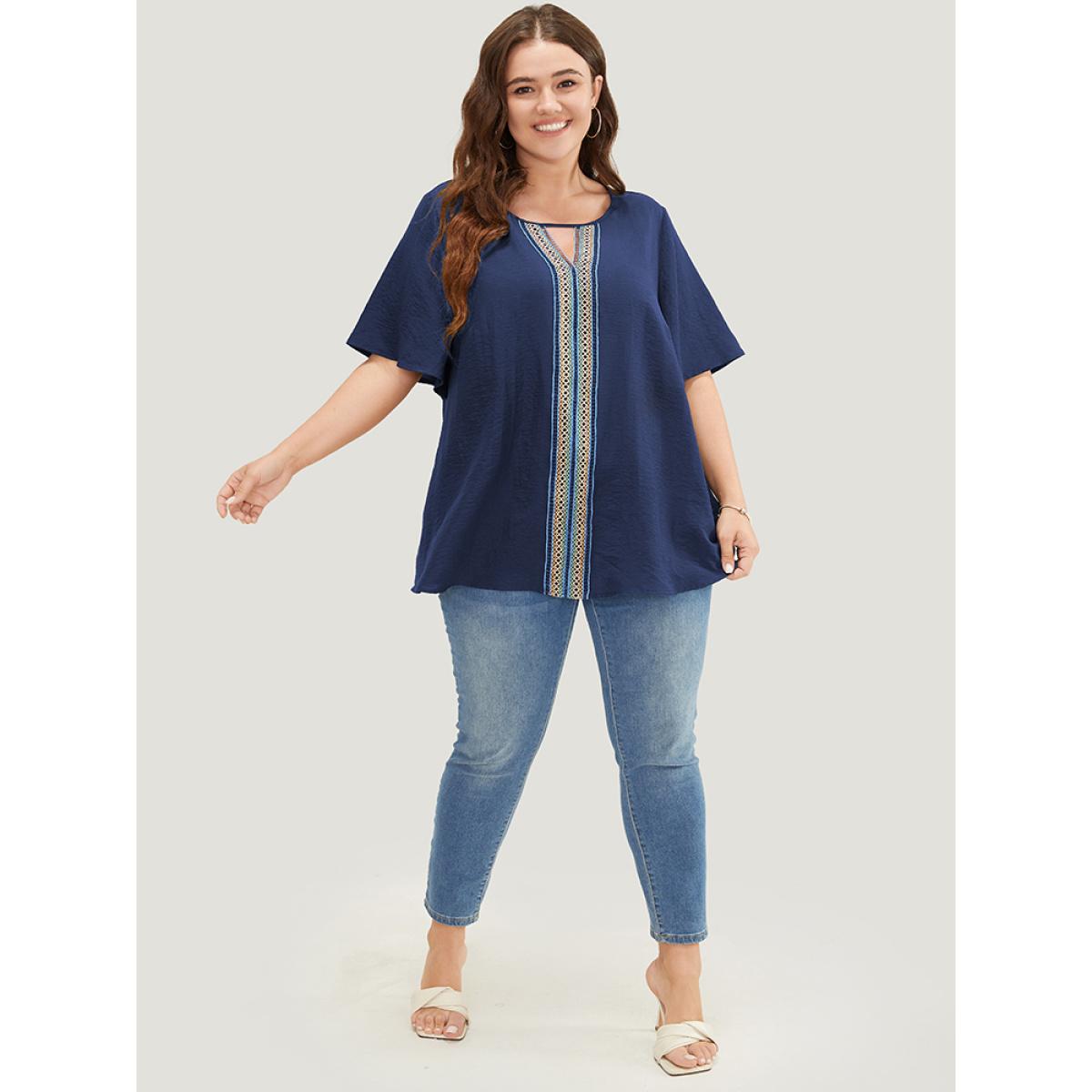 Plus Size Indigo Plain Contrast Tape Keyhole Neck Ruffle Sleeve Blouse Women Vacation Short sleeve Round Neck Dailywear Blouses BloomChic 10/M Product Image