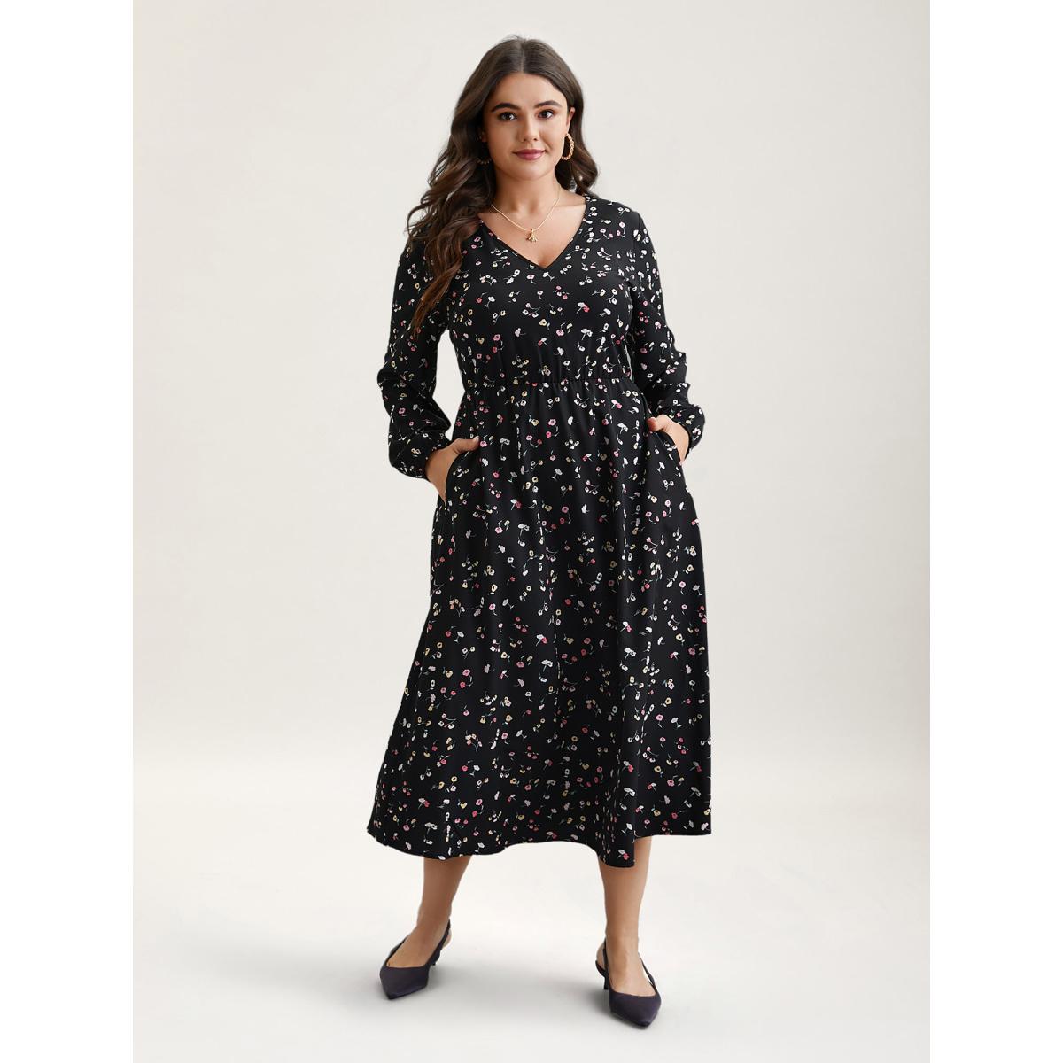 Plus Size Floral Print V-Neck Waist-Defined Midi Dress BlackFlower Women Timeless Non V-neck Long Sleeve Curvy BloomChic 18-20/2X Product Image