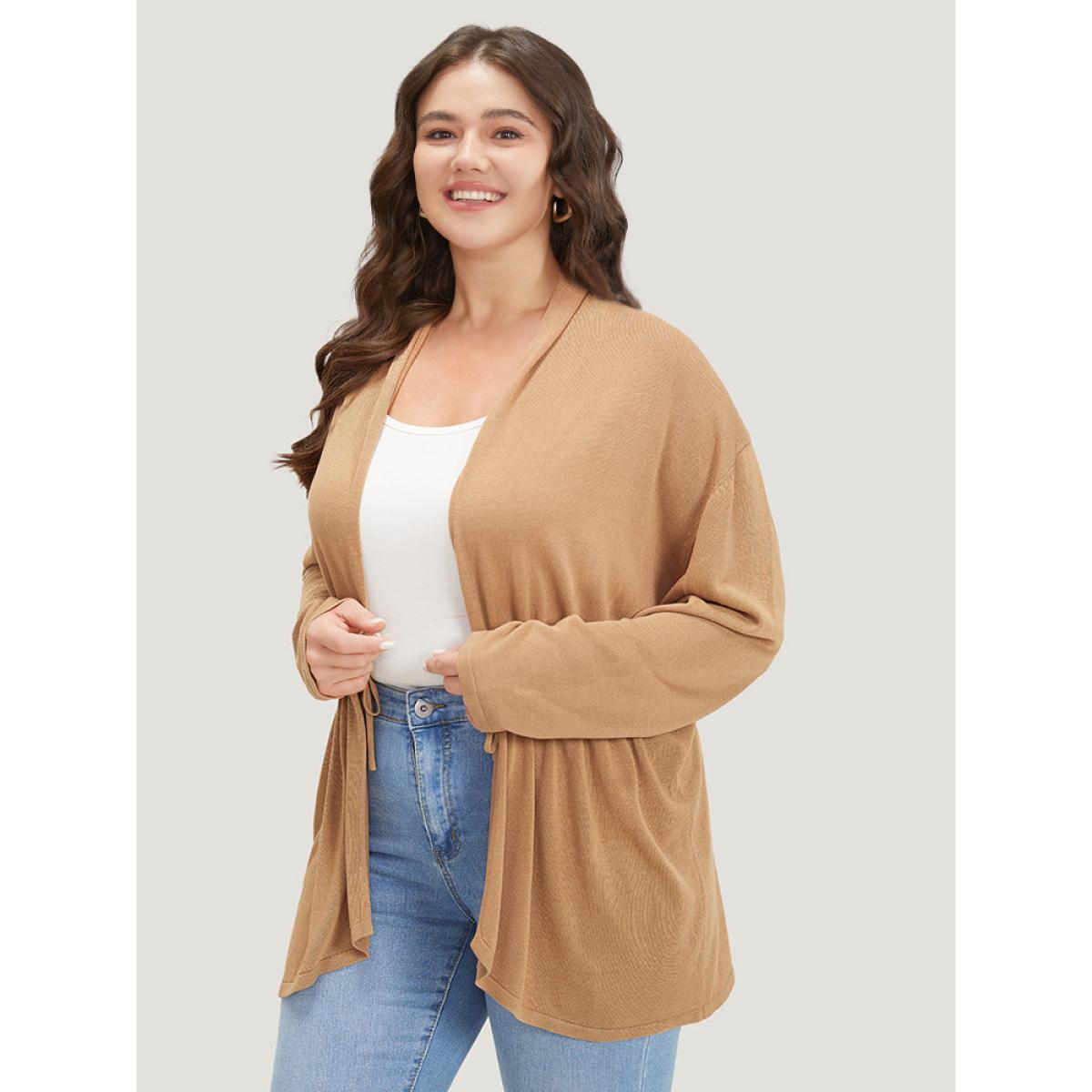 Plus Size Plain Drawstring Bowknot Front Drop Shoulder Cardigan Tan Women Casual Loose Long Sleeve Everyday Cardigans BloomChic 18-20/2X Product Image