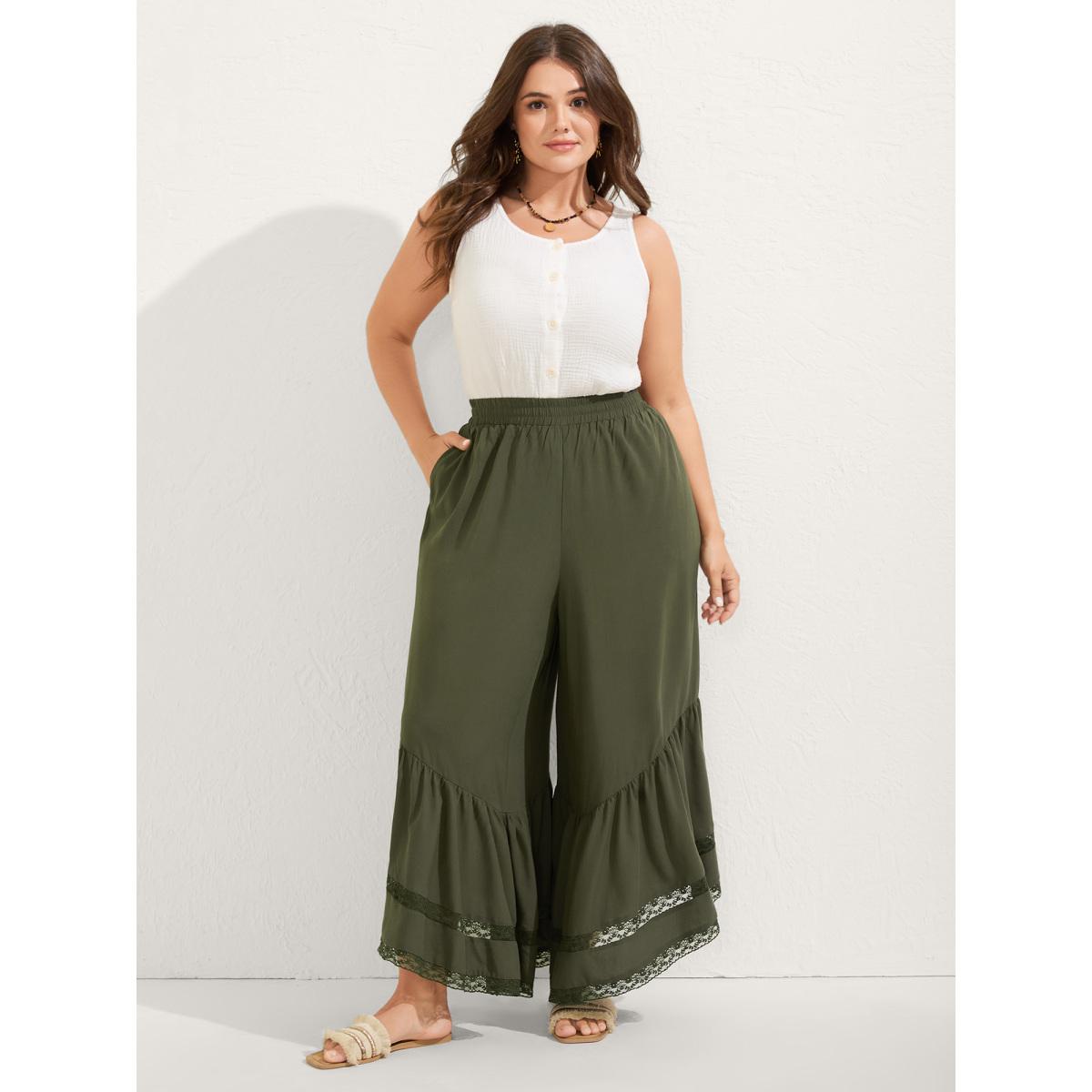Plus Size Ruffled Lace Hem Wide-Leg Pants Women ArmyGreen Loose Mid Rise Vacation Pants BloomChic 14-16/1X Product Image