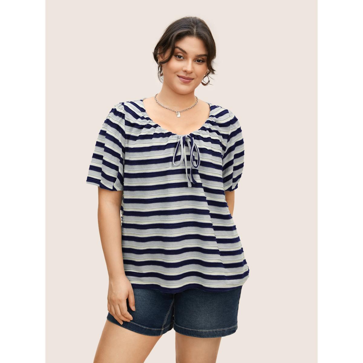 Plus Size V Neck Textured Striped Tie Knot T-shirt Midnight Women Casual Texture V-neck Everyday T-shirts BloomChic 10/M Product Image