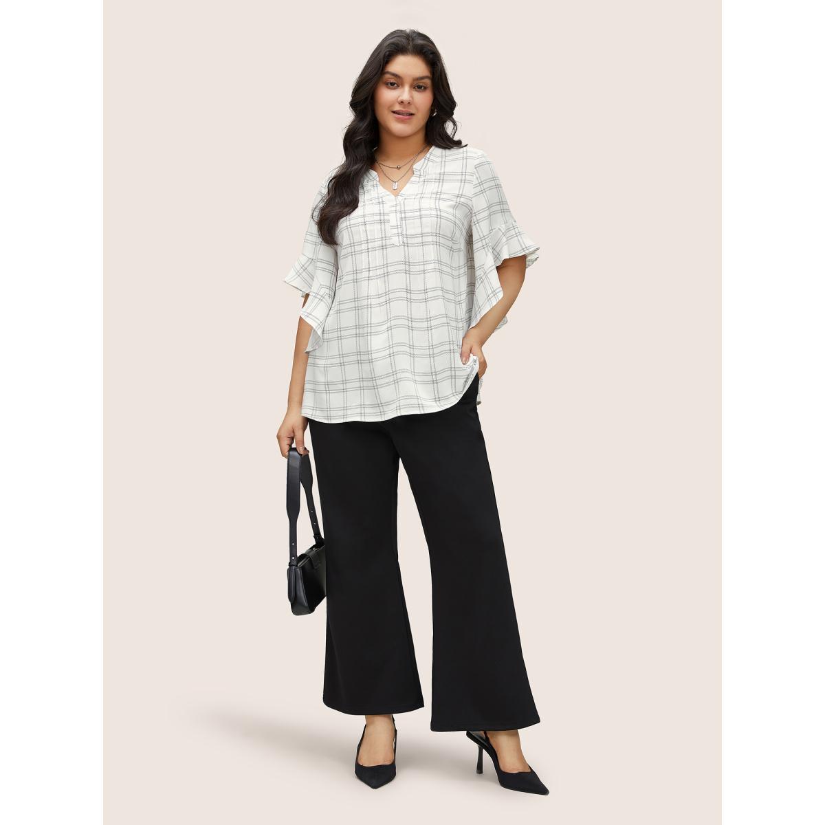 Plus Size White Plaid Notched Patchwork Ruffle Sleeve Blouse Women At the Office Half Sleeve Flat collar with V-notch Work Blouses BloomChic 18-20/2X Product Image