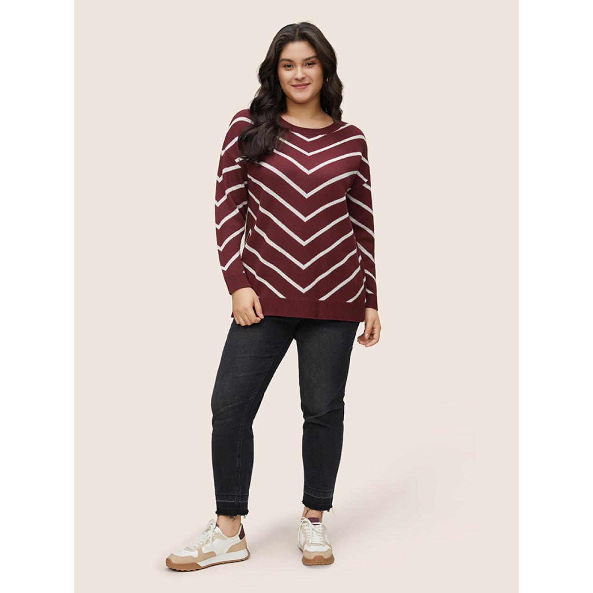 Plus Size Striped Drop Shoulder Loose Knit Pullover Burgundy Women Casual Loose Long Sleeve Round Neck Dailywear Pullovers BloomChic 12/L Product Image