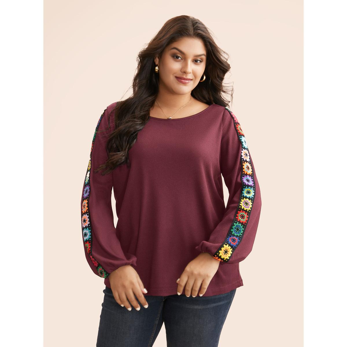 Plus Size Crew Neck Patchwork Crochet Floral T-shirt Burgundy Women Casual Woven ribbon&lace trim Non Everyday T-shirts BloomChic 28/5X Product Image