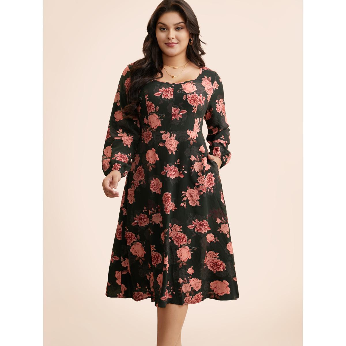 Plus Size Floral Lantern Sleeve Shirred Pocket Dress Black Women Elegant Shirred Boat Neck Long Sleeve Curvy BloomChic 18-20/2X Product Image