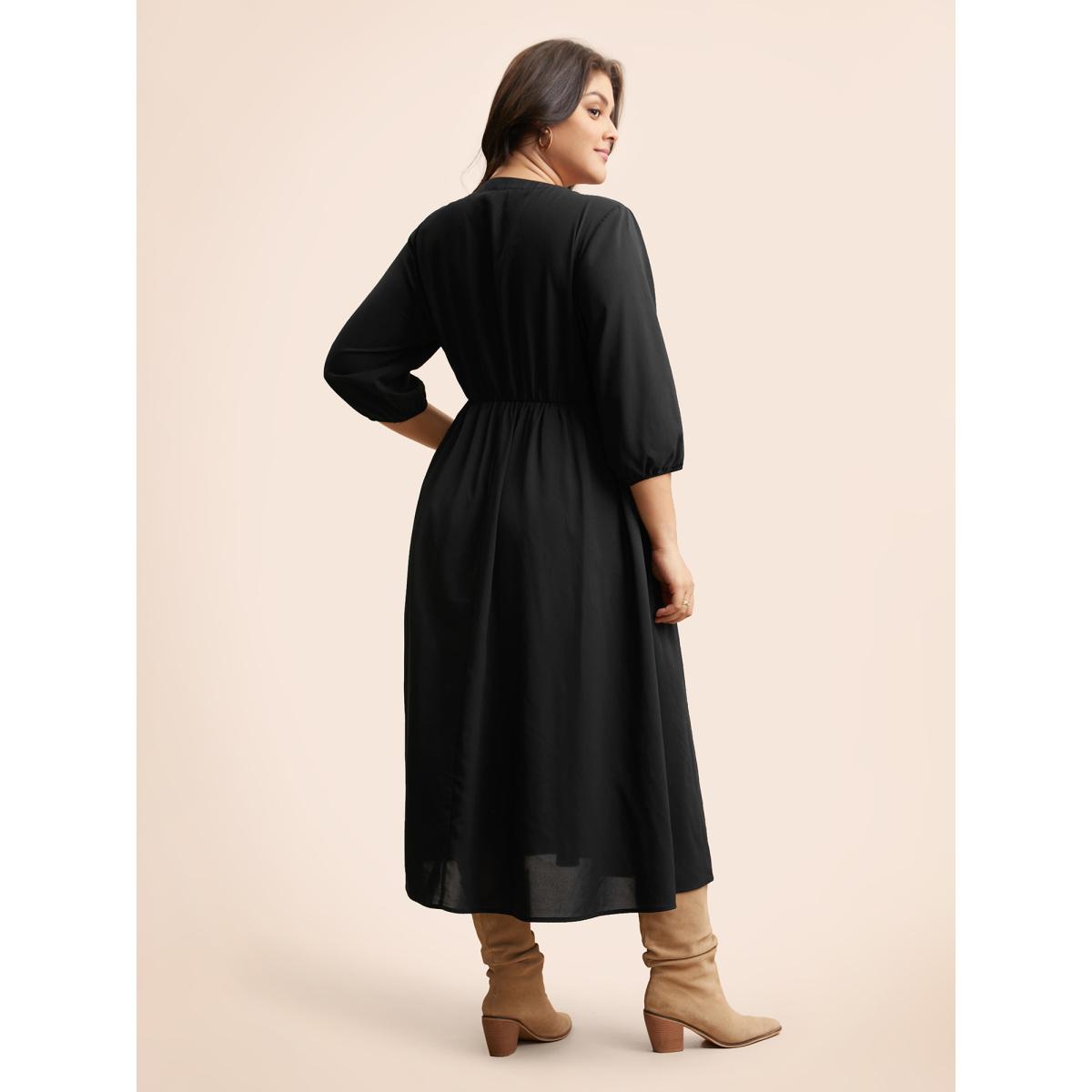 Plus Size Notched Stereo Flower Design Midi Dress Black Women Resort Woven ribbon&lace trim Notched collar Elbow-length sleeve Curvy BloomChic 30/6X Product Image
