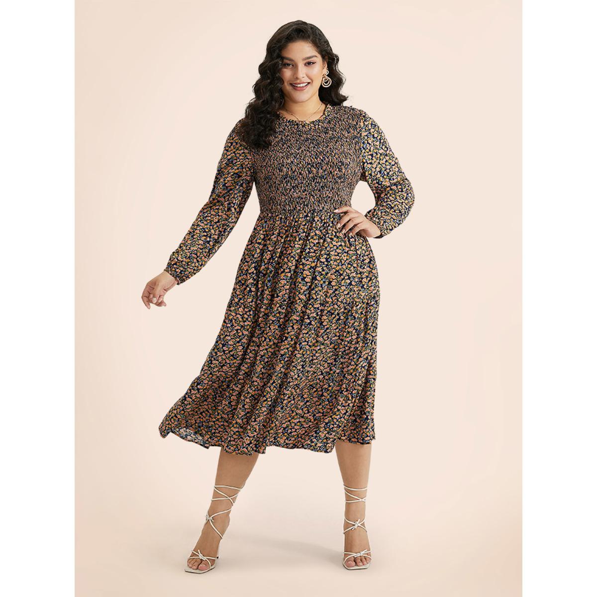 Plus Size Ditsy Floral Shirred Pocket Pleated Frill Trim Dress Indigo Women Leisure Elastic cuffs Round Neck Long Sleeve Curvy Midi Dress BloomChic 26/4X Product Image