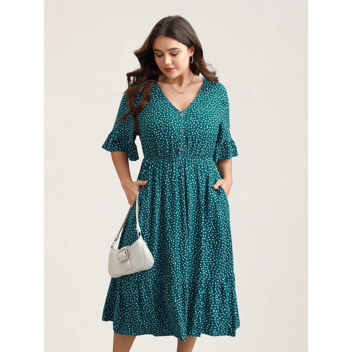 Plus Size Button Detail Front Tiered Ruffle Sleeve Midi Dress Cyan Women At the Office Button V-neck Half Sleeve Curvy BloomChic 28/5X Product Image