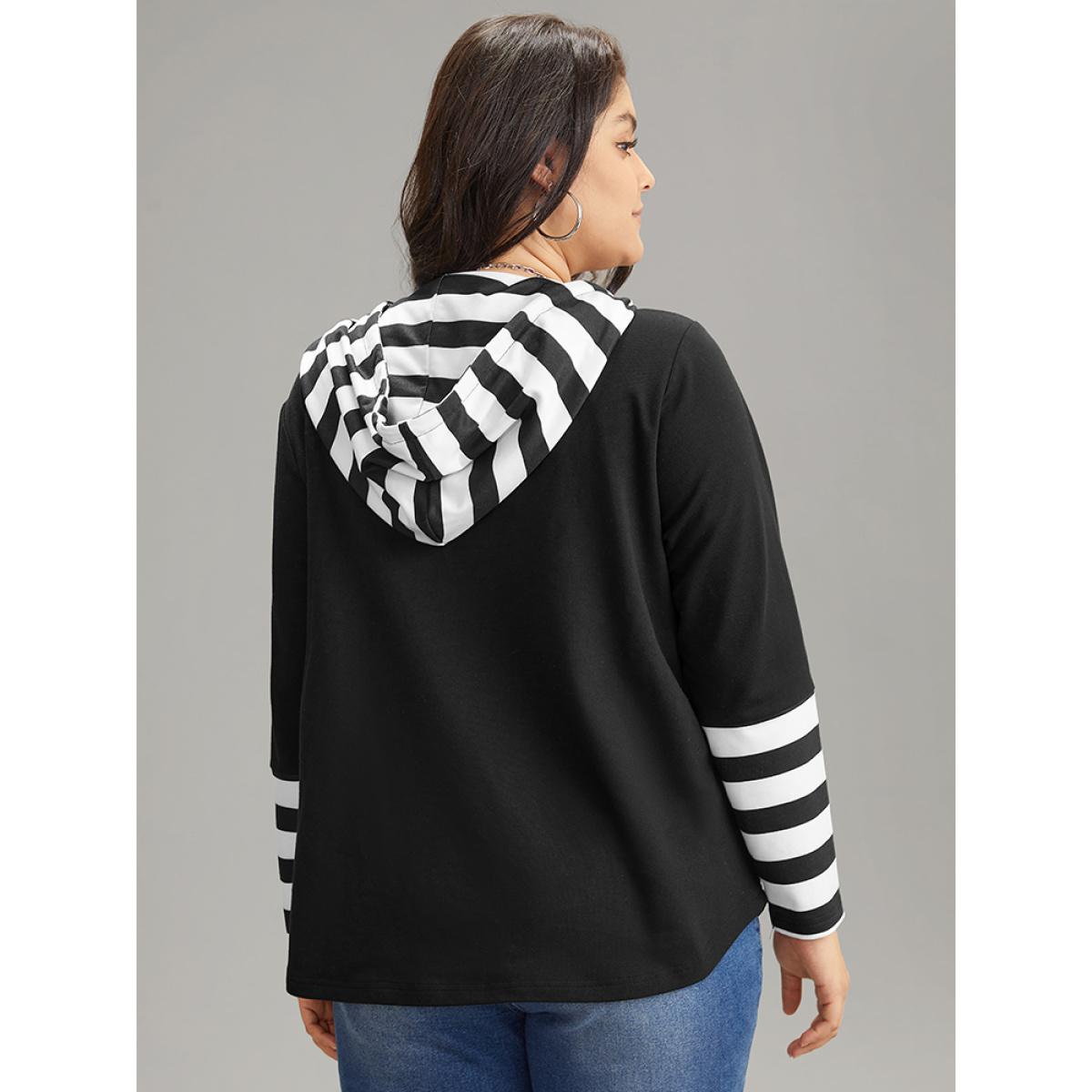 Plus Size Striped Patchwork Hooded Half Zip Sweatshirt Women Black Casual Zipper Hooded Dailywear Sweatshirts BloomChic 30/6X Product Image