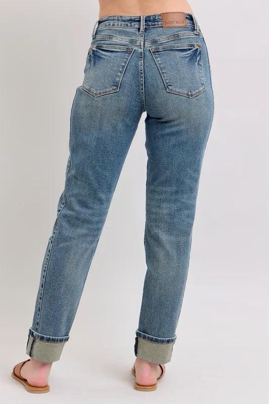 88946   Alina Mid-Rise Vintage Wash Double Roll Cuff Boyfriend Judy Blue Jeans Product Image