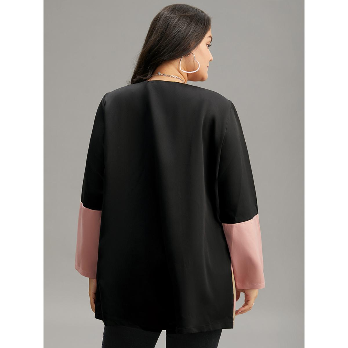 Plus Size Colorblock Contrast Open Front Pocket Coat Women Rouge Casual Contrast Ladies Dailywear Winter Coats BloomChic 10/M Product Image