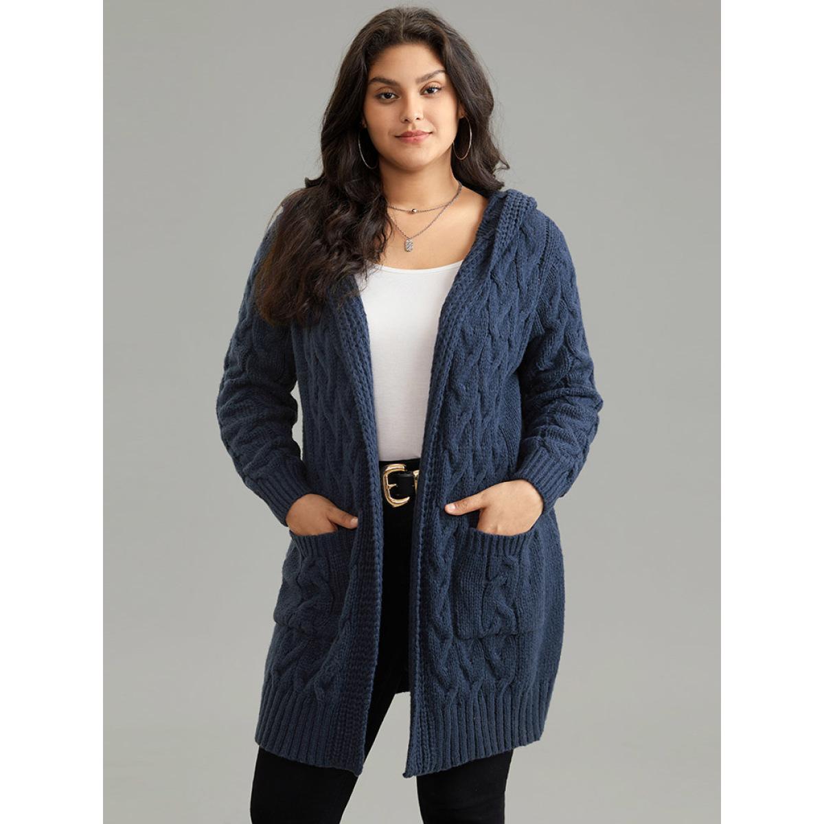 Plus Size Cable Knit Texture Pocket Hooded Cardigan Midnight Women Casual Loose Long Sleeve Dailywear Cardigans BloomChic 30/6X Product Image