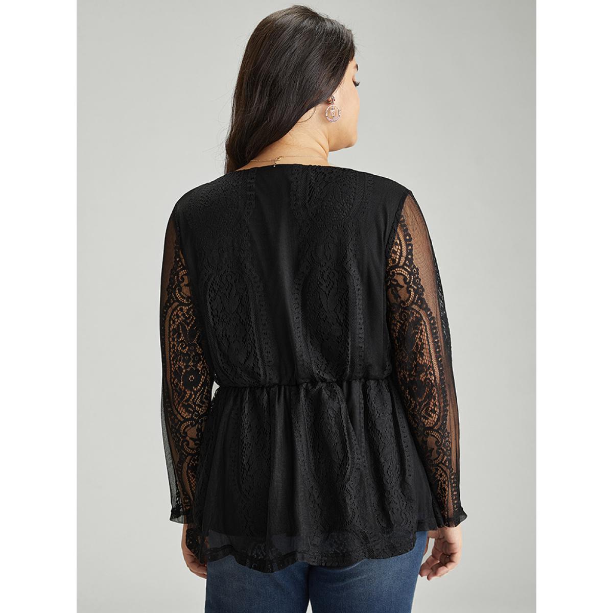 Plus Size Black Solid Guipure Lace Mesh Elastic Waist Blouse Women Elegant Long Sleeve V-neck Party Blouses BloomChic 30/6X Product Image