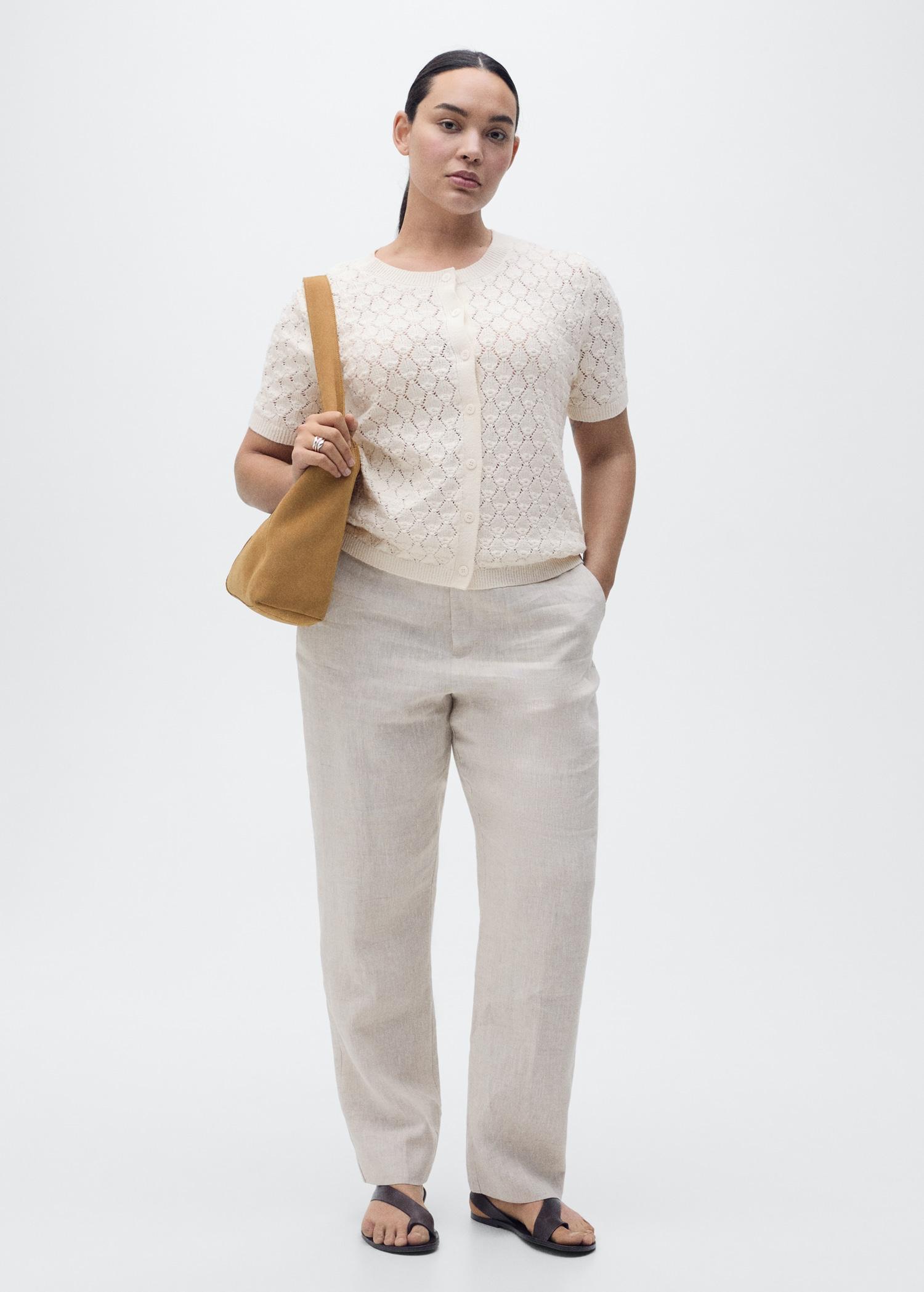 Short-sleeved openwork knitted cardigan - Women | MANGO USA Product Image