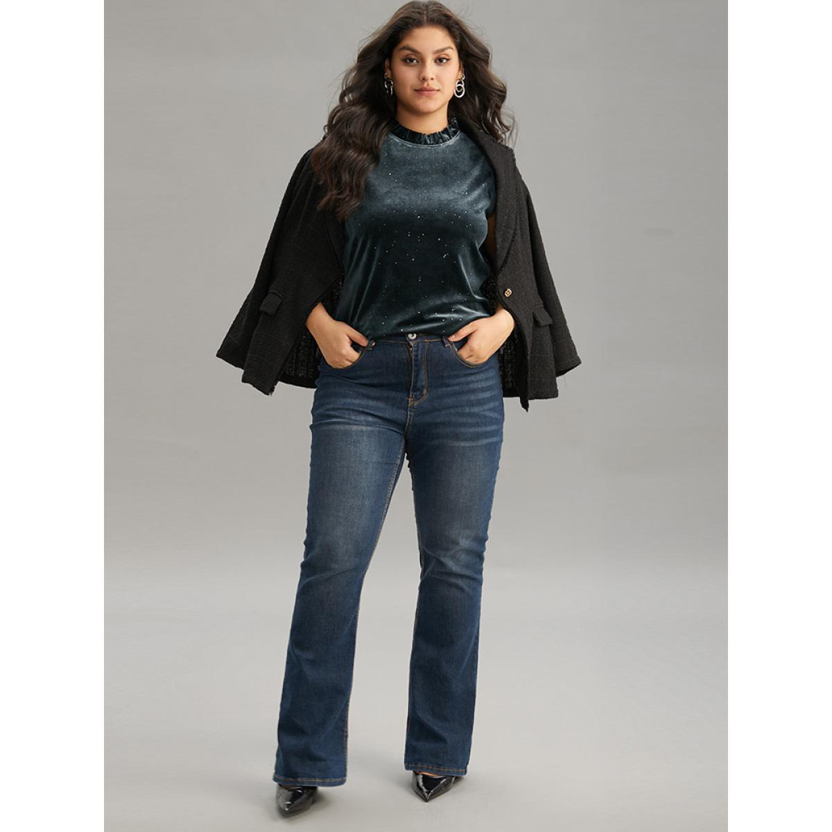 Plus Size Velvet Frill Trim Ruffle Cap Sleeve Tank Top Women Gray Elegant Velvet Mock Neck Dailywear Tank Tops Camis BloomChic 18-20/2X Product Image