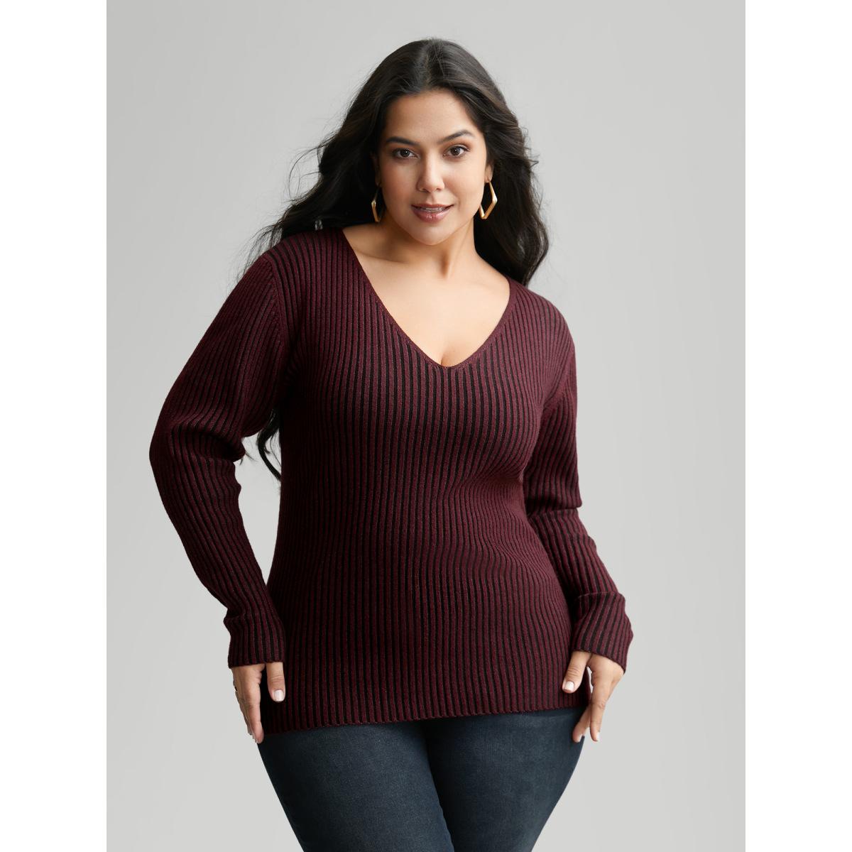 Plus Size Essentials Texture V Neck Pullover Deeppurplered Women Leisure Skinny Long Sleeve V-neck Casual Pullovers BloomChic 14-16/1X Product Image