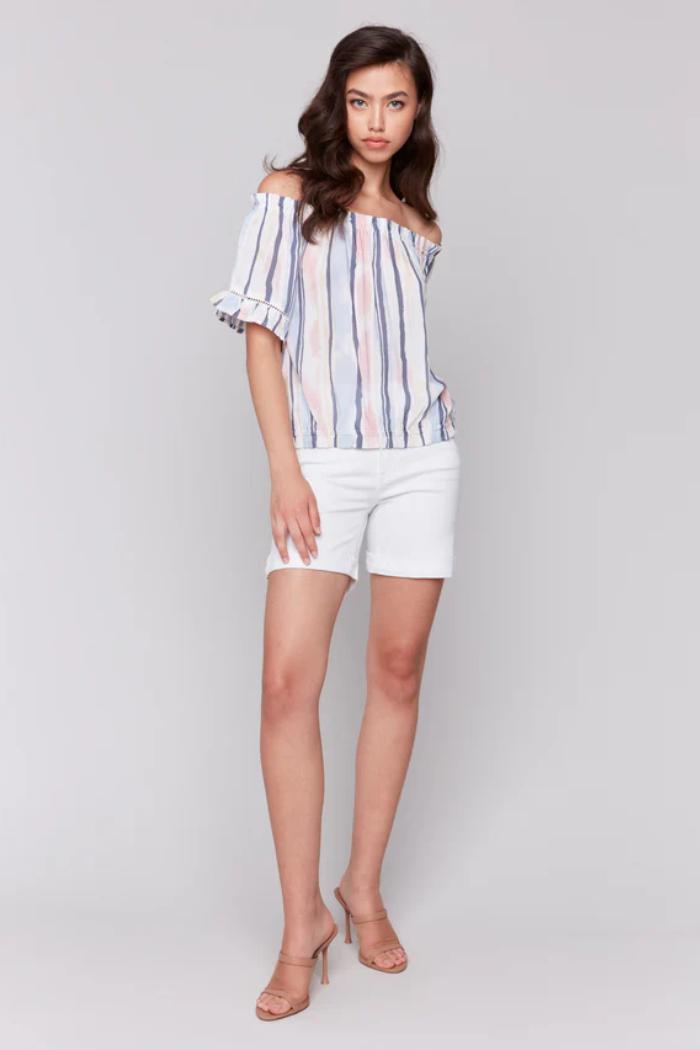 Printed Short Sleeve Peasant Blouse Product Image