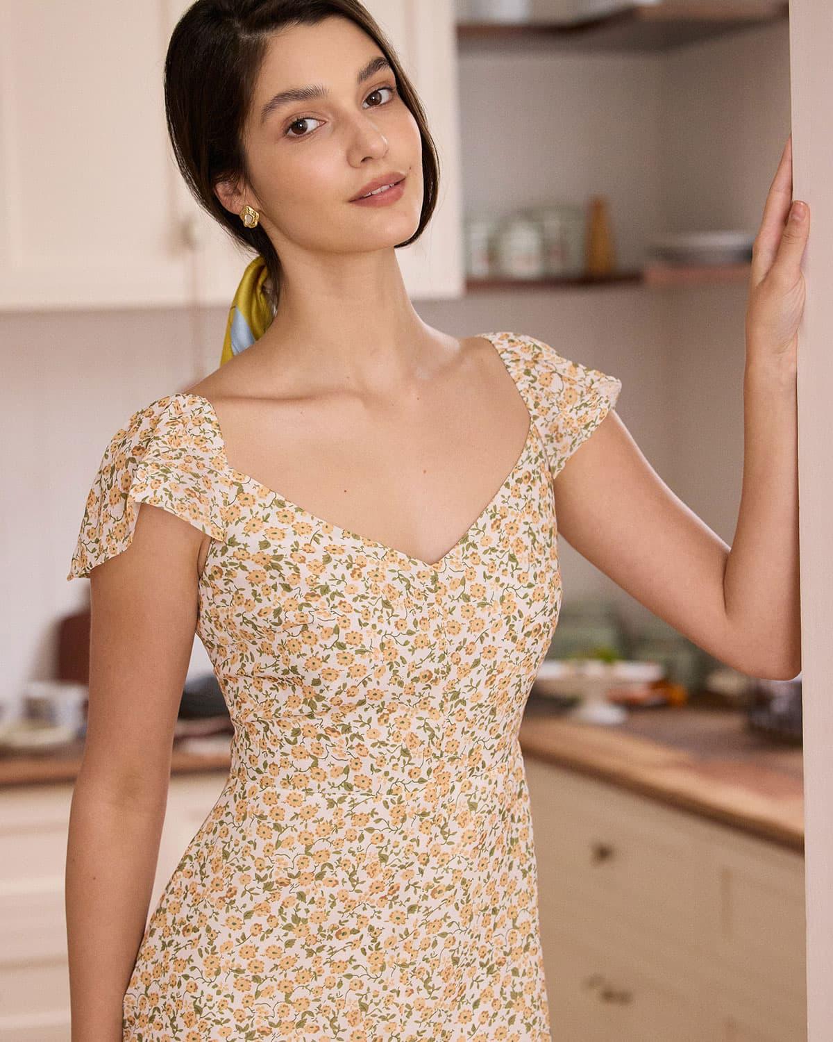 The Yellow V Neck Floral Slit Midi Dress Product Image